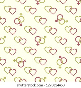Seamless pattern with gender symbols and hearts. Male and female icons, hearts. Greeting card happy Valentine's Day. Romantic background.