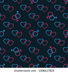 Seamless pattern with gender symbols and hearts. Male and female icons, hearts. Greeting card happy Valentine's Day. Romantic background.