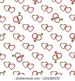 Seamless pattern with gender symbols and hearts. Male and female icons, hearts. Greeting card happy Valentine's Day. Romantic background.