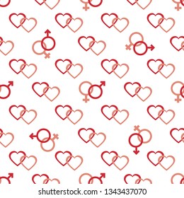 Seamless pattern with gender symbols and hearts. Male and female icons, hearts. Greeting card happy Valentine's Day. Romantic background.