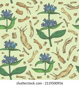 Nahtloses Muster mit Gentiana macrophylla: große Enzianpflanzen, Blätter, Enzianblumen und Macrophylla-Wurzeln aus Gentiana. Kosmetik, Parfüm und medizinische Anlagen. Vektorgrafik, handgezeichnet.