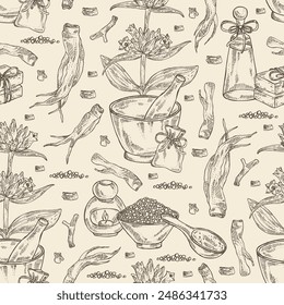 Seamless pattern with gentiana macrophylla: large leaf gentian plant, leaves, gentian flowers and gentiana macrophylla root. Oil, soap and bath salt . Cosmetics and medical plant. Vector