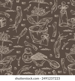 Seamless pattern with gentiana macrophylla: large leaf gentian plant, leaves, gentian flowers and gentiana macrophylla root. Oil, soap and bath salt . Cosmetics and medical plant. Vector
