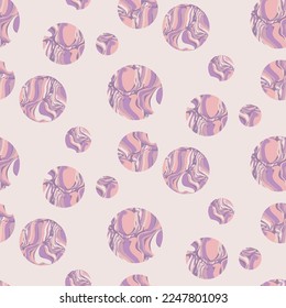 Seamless pattern, gentle abstract background with round spots of paint in pastel lilac colors. Trendy backdrop design with circles, soap bubbles on a light surface. Vector illustration.