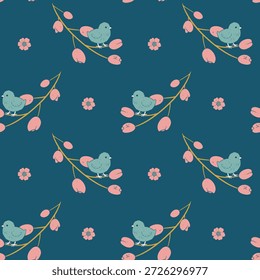Padrão contínuo com pássaro suave e ramos florescentes. Fundo azul natural de primavera com textura