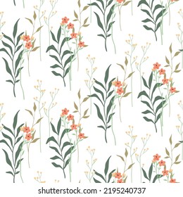 Seamless pattern with gentle botanical composition on a white background. Romantic floral print with drawing plants: small flowers on thin branches, leaves, herbs. Trendy surface design. Vector.