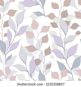 Seamless pattern, gentle botanical print with leaves. Elegant surface design with hand drawn foliage, forest herbs on white background. Botanical design in cool colors. Vector illustration.