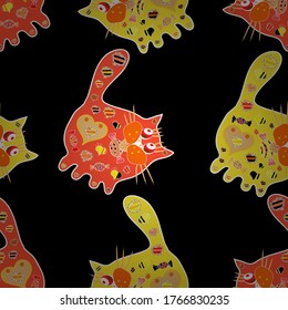 Seamless pattern Gentle, cat on black, yellow and red colors. Vector illustration. Watercolor painting.
