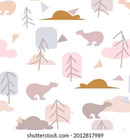 
Seamless pattern in gentle colors. Stylish pattern with a bear, clouds and trees. Suitable for baby fabrics, covers, backgrounds, packaging.