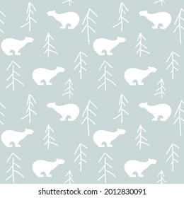 
Seamless pattern in gentle colors. Stylish pattern with bear, forest, trees, Suitable for baby fabrics, covers, backgrounds, packaging.
