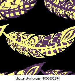 Seamless Pattern with Gentle Feathers. Feminine White Doodles on Light Background. Modern Rapport with Hand Drawn Zentangles Scanned and Traced to Vector. Romantic Texture for Wallpaper