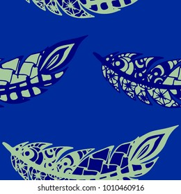 Seamless Pattern with Gentle Feathers. Feminine White Doodles on Light Background. Modern Rapport with Hand Drawn Zentangles Scanned and Traced to Vector. Romantic Texture for Wallpaper