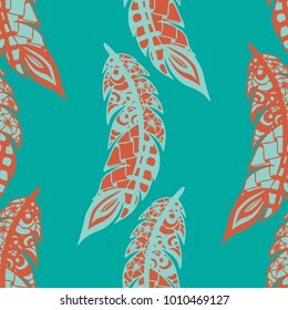 Seamless Pattern with Gentle Feathers. Feminine White Doodles on Light Background. Modern Rapport with Hand Drawn Zentangles Scanned and Traced to Vector. Romantic Texture for Wallpaper