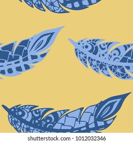 Seamless Pattern with Gentle Feathers. Feminine White Doodles on Light Background. Modern Rapport with Hand Drawn Zentangles Scanned and Traced to Vector. Romantic Texture for Wallpaper