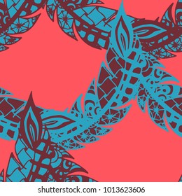 Seamless Pattern with Gentle Feathers. Feminine White Doodles on Light Background. Modern Rapport with Hand Drawn Zentangles Scanned and Traced to Vector. Romantic Texture for Wallpaper