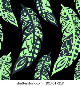 Seamless Pattern with Gentle Feathers. Feminine White Doodles on Light Background. Modern Rapport with Hand Drawn Zentangles Scanned and Traced to Vector. Romantic Texture for Wallpaper