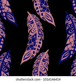 Seamless Pattern with Gentle Feathers. Feminine White Doodles on Light Background. Modern Rapport with Hand Drawn Zentangles Scanned and Traced to Vector. Romantic Texture for Wallpaper