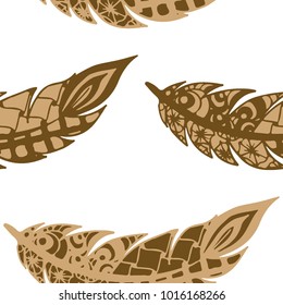 Seamless Pattern with Gentle Feathers. Feminine White Doodles on Light Background. Modern Rapport with Hand Drawn Zentangles Scanned and Traced to Vector. Romantic Texture for Wallpaper