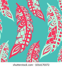 Seamless Pattern with Gentle Feathers. Feminine White Doodles on Light Background. Modern Rapport with Hand Drawn Zentangles Scanned and Traced to Vector. Romantic Texture for Wallpaper