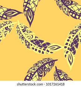 Seamless Pattern with Gentle Feathers. Feminine White Doodles on Light Background. Modern Rapport with Hand Drawn Zentangles Scanned and Traced to Vector. Romantic Texture for Wallpaper