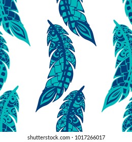 Seamless Pattern with Gentle Feathers. Feminine White Doodles on Light Background. Modern Rapport with Hand Drawn Zentangles Scanned and Traced to Vector. Romantic Texture for Wallpaper
