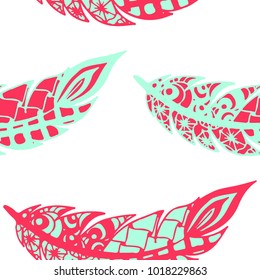 Seamless Pattern with Gentle Feathers. Feminine White Doodles on Light Background. Modern Rapport with Hand Drawn Zentangles Scanned and Traced to Vector. Romantic Texture for Wallpaper