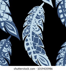 Seamless Pattern with Gentle Feathers. Feminine White Doodles on Light Background. Modern Rapport with Hand Drawn Zentangles Scanned and Traced to Vector. Romantic Texture for Wallpaper