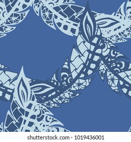 Seamless Pattern with Gentle Feathers. Feminine White Doodles on Light Background. Modern Rapport with Hand Drawn Zentangles Scanned and Traced to Vector. Romantic Texture for Wallpaper