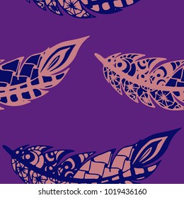 Seamless Pattern with Gentle Feathers. Feminine White Doodles on Light Background. Modern Rapport with Hand Drawn Zentangles Scanned and Traced to Vector. Romantic Texture for Wallpaper