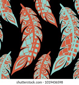 Seamless Pattern with Gentle Feathers. Feminine White Doodles on Light Background. Modern Rapport with Hand Drawn Zentangles Scanned and Traced to Vector. Romantic Texture for Wallpaper