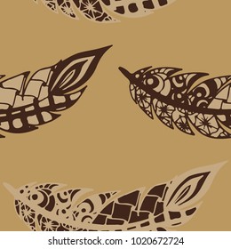 Seamless Pattern with Gentle Feathers. Feminine White Doodles on Light Background. Modern Rapport with Hand Drawn Zentangles Scanned and Traced to Vector. Romantic Texture for Wallpaper
