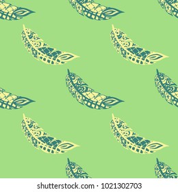 Seamless Pattern with Gentle Feathers. Feminine White Doodles on Light Background. Modern Rapport with Hand Drawn Zentangles Scanned and Traced to Vector. Romantic Texture for Wallpaper