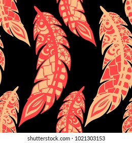 Seamless Pattern with Gentle Feathers. Feminine White Doodles on Light Background. Modern Rapport with Hand Drawn Zentangles Scanned and Traced to Vector. Romantic Texture for Wallpaper