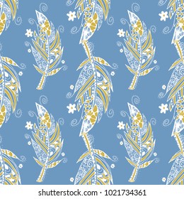 Seamless Pattern with Gentle Feathers. Feminine White Doodles on Light Background. Modern Rapport with Hand Drawn Zentzngles Scanned and Traced to Vector. Romantic Texture for Wallpaper