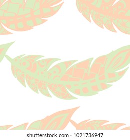 Seamless Pattern with Gentle Feathers. Feminine White Doodles on Light Background. Modern Rapport with Hand Drawn Zentangles Scanned and Traced to Vector. Romantic Texture for Wallpaper