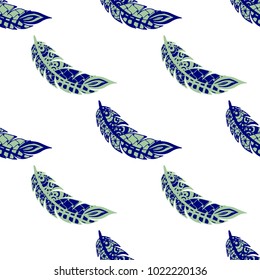Seamless Pattern with Gentle Feathers. Feminine White Doodles on Light Background. Modern Rapport with Hand Drawn Zentangles Scanned and Traced to Vector. Romantic Texture for Wallpaper
