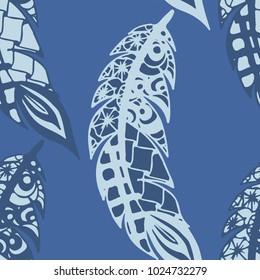 Seamless Pattern with Gentle Feathers. Feminine White Doodles on Light Background. Modern Rapport with Hand Drawn Zentangles Scanned and Traced to Vector. Romantic Texture for Wallpaper