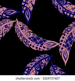 Seamless Pattern with Gentle Feathers. Feminine White Doodles on Light Background. Modern Rapport with Hand Drawn Zentangles Scanned and Traced to Vector. Romantic Texture for Wallpaper