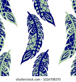 Seamless Pattern with Gentle Feathers. Feminine White Doodles on Light Background. Modern Rapport with Hand Drawn Zentangles Scanned and Traced to Vector. Romantic Texture for Wallpaper