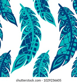 Seamless Pattern with Gentle Feathers. Feminine White Doodles on Light Background. Modern Rapport with Hand Drawn Zentangles Scanned and Traced to Vector. Romantic Texture for Wallpaper