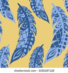 Seamless Pattern with Gentle Feathers. Feminine White Doodles on Light Background. Modern Rapport with Hand Drawn Zentangles Scanned and Traced to Vector. Romantic Texture for Wallpaper