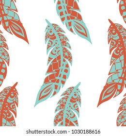 Seamless Pattern with Gentle Feathers. Feminine White Doodles on Light Background. Modern Rapport with Hand Drawn Zentangles Scanned and Traced to Vector. Romantic Texture for Wallpaper