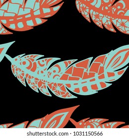 Seamless Pattern with Gentle Feathers. Feminine White Doodles on Light Background. Modern Rapport with Hand Drawn Zentangles Scanned and Traced to Vector. Romantic Texture for Wallpaper