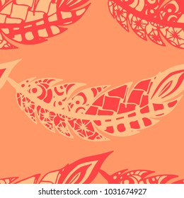 Seamless Pattern with Gentle Feathers. Feminine White Doodles on Light Background. Modern Rapport with Hand Drawn Zentangles Scanned and Traced to Vector. Romantic Texture for Wallpaper
