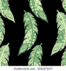 Seamless Pattern with Gentle Feathers. Feminine White Doodles on Light Background. Modern Rapport with Hand Drawn Zentangles Scanned and Traced to Vector. Romantic Texture for Wallpaper