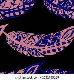 Seamless Pattern with Gentle Feathers. Feminine White Doodles on Light Background. Modern Rapport with Hand Drawn Zentangles Scanned and Traced to Vector. Romantic Texture for Wallpaper