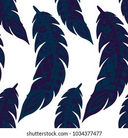 Seamless Pattern with Gentle Feathers. Feminine White Doodles on Light Background. Modern Rapport with Hand Drawn Zentangles Scanned and Traced to Vector. Romantic Texture for Wallpaper
