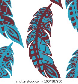 Seamless Pattern with Gentle Feathers. Feminine White Doodles on Light Background. Modern Rapport with Hand Drawn Zentangles Scanned and Traced to Vector. Romantic Texture for Wallpaper