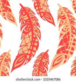 Seamless Pattern with Gentle Feathers. Feminine White Doodles on Light Background. Modern Rapport with Hand Drawn Zentangles Scanned and Traced to Vector. Romantic Texture for Wallpaper