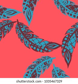 Seamless Pattern with Gentle Feathers. Feminine White Doodles on Light Background. Modern Rapport with Hand Drawn Zentangles Scanned and Traced to Vector. Romantic Texture for Wallpaper